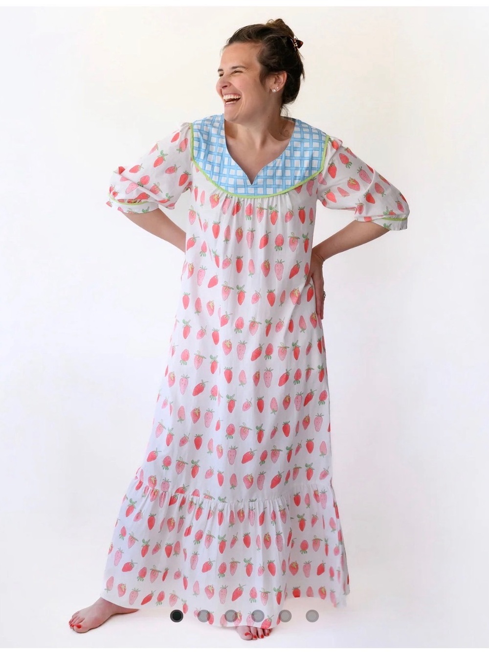 Pink Strawberry-Print Maxi Dress with Blue Gingham Yoke